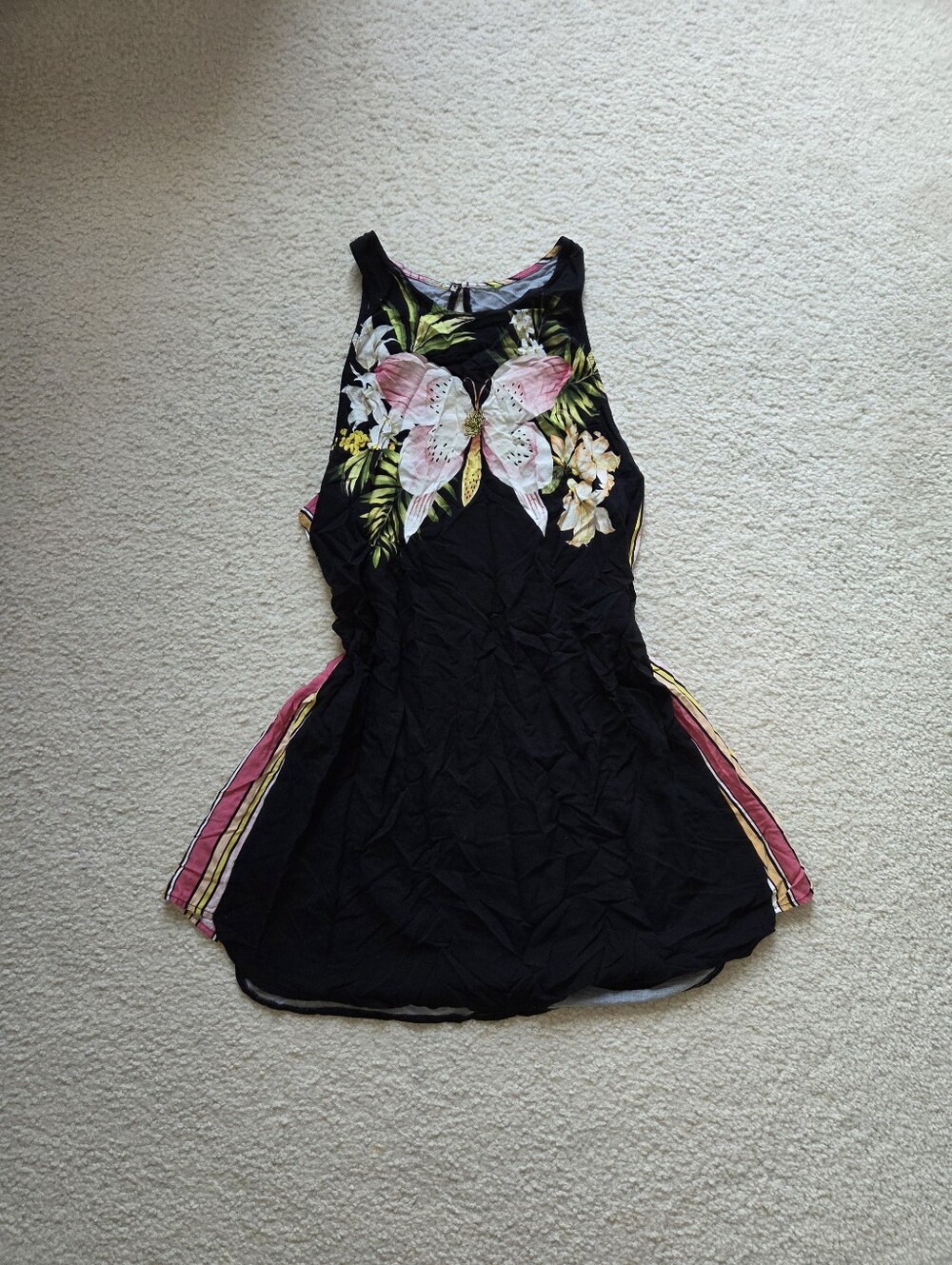 Farm Rio Black Floral Butterfly Halter Style Dress